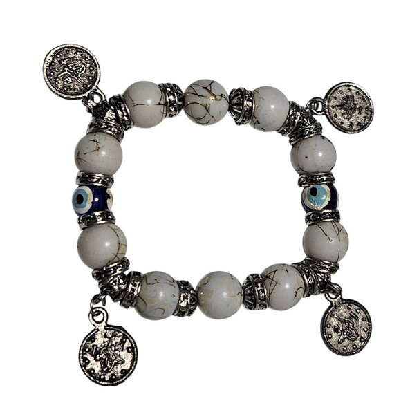 Evil Eye Silver Plated Bracelet White Turquoise Beaded Stretch Coin Charms Women - Picture 1 of 4